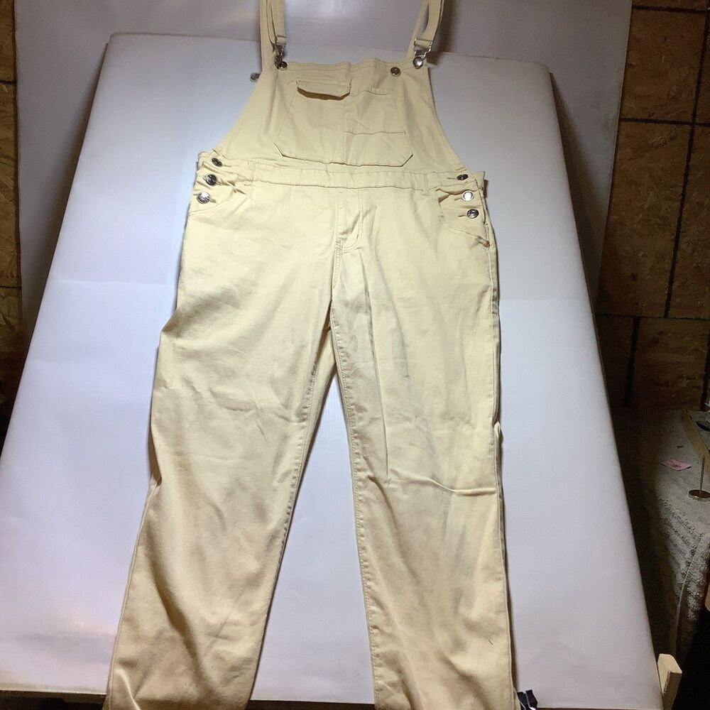 Beige Canvas Cotton Women's Overall Jumpsuit, Sleeveless, Straight Leg, Button - Picture 2 of 16